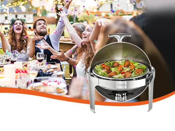 VEVOR roll top chafing dish with food, surrounded by people celebrating at a dining table outdoors.