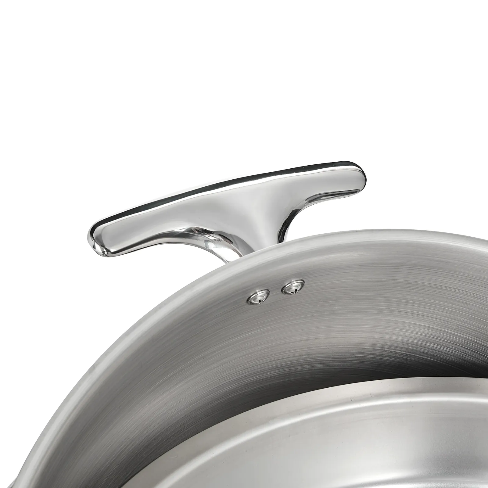 chrome handle detail of a VEVOR roll top chafing dish with stainless steel finish.