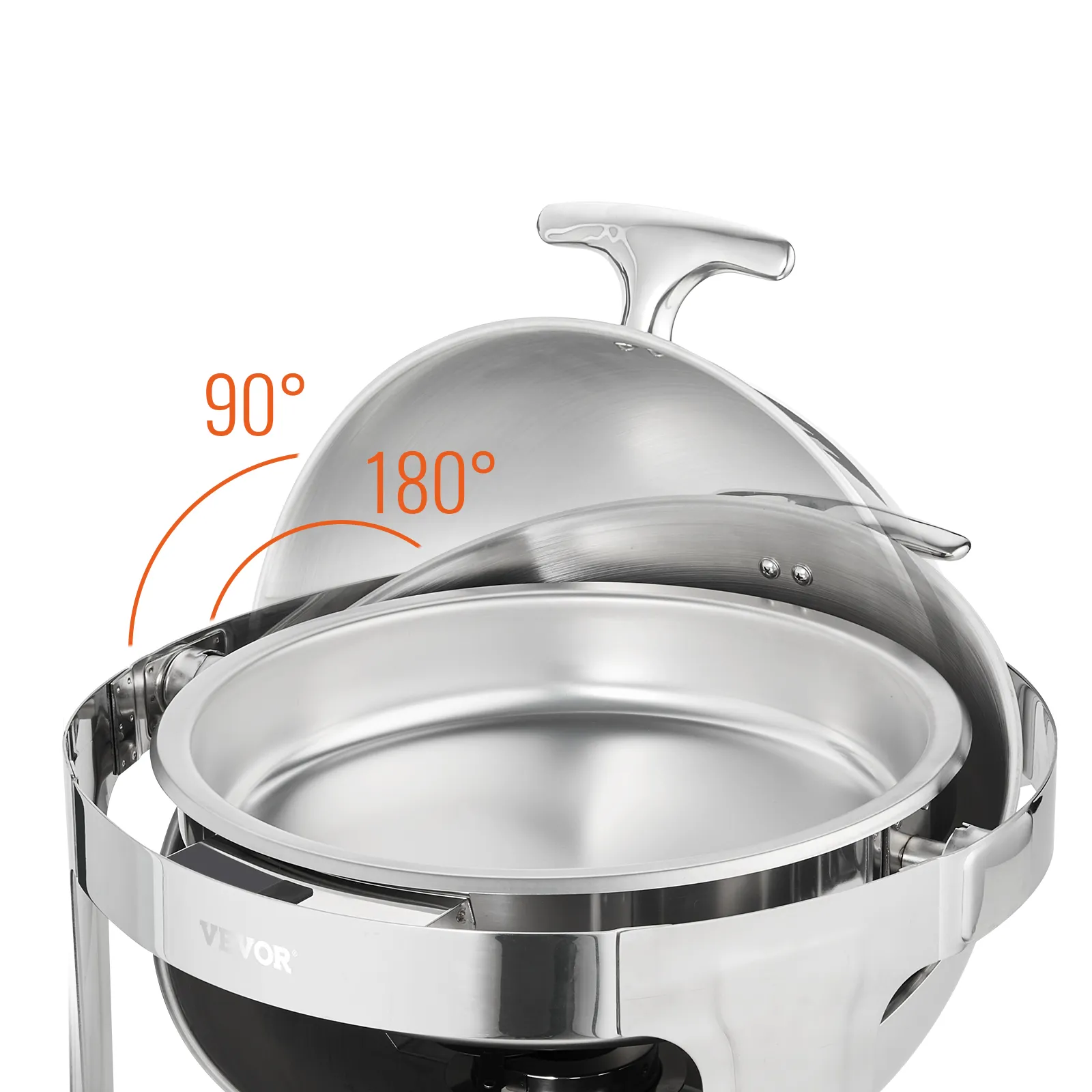 VEVOR roll top chafing dish showcasing lid angles of 90° and 180° for versatile serving options.