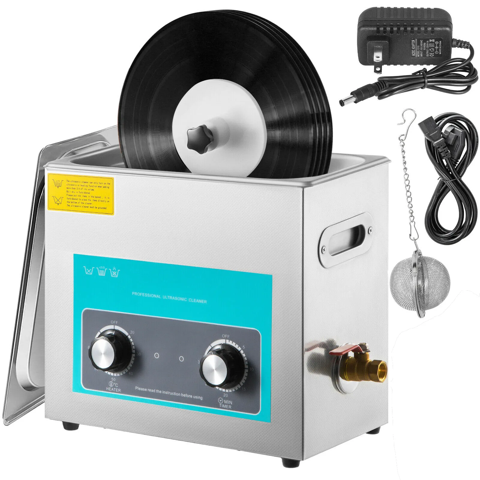 Limpiador de discos de vinilo ultrasónico VEVOR con accesorios, acero inoxidable y panel de control azul.