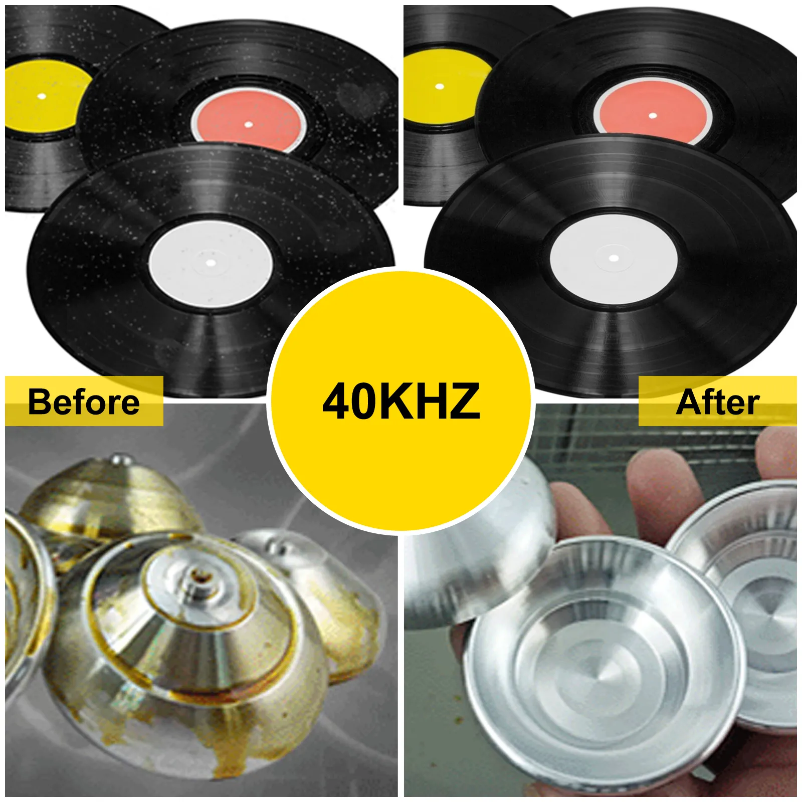 Limpiador ultrasónico de discos de vinilo VEVOR: efecto de limpieza antes y después a 40 kHz.