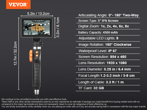 Caméra Endoscopique Avec Écran 2.8" - Sonde 6.25mm Rotative 180°, Étanche IP67, Pour Inspection Auto/Maison - 8