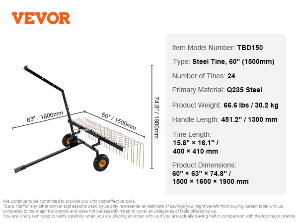 VEVOR tow behind dethatcher with 24 steel tines, handle length 51.2", and tine length 15.8" x 16.1".