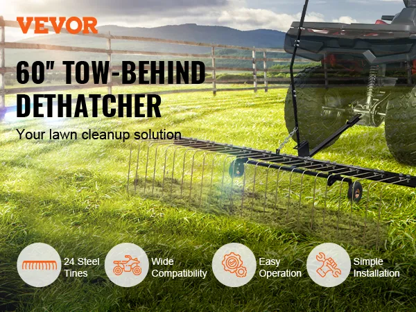 De VEVOR is een achterop te plaatsen verticuteermachine voor in het veld, heeft 24 stalen tanden, is breed inzetbaar en eenvoudig te bedienen.