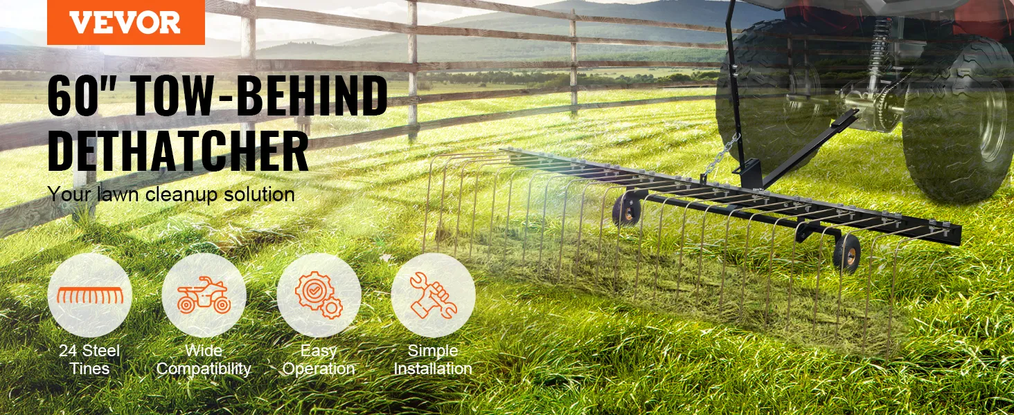 De VEVOR is een achterop te plaatsen verticuteermachine voor in het veld, heeft 24 stalen tanden, is breed inzetbaar en eenvoudig te bedienen.