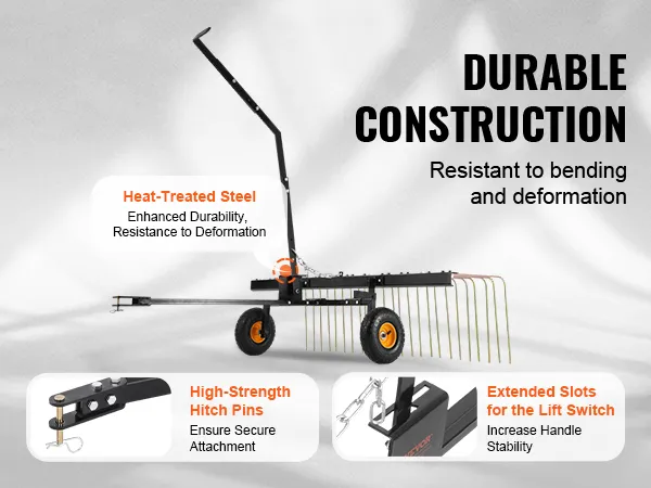 durable VEVOR tow behind dethatcher with hitch pins, lift switch slots, and heat-treated steel frame.