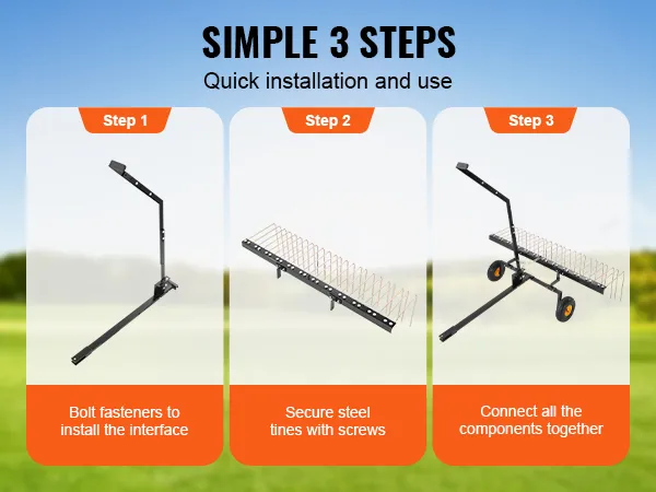 VEVOR tow behind dethatcher assembly in 3 steps: bolt fasteners, secure steel tines, connect components.