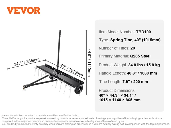 VEVOR sleepverticuteermachine, veertanden, 40", 20 tanden, Q235-staal, 34,8 lbs, 40,6" handgreeplengte.