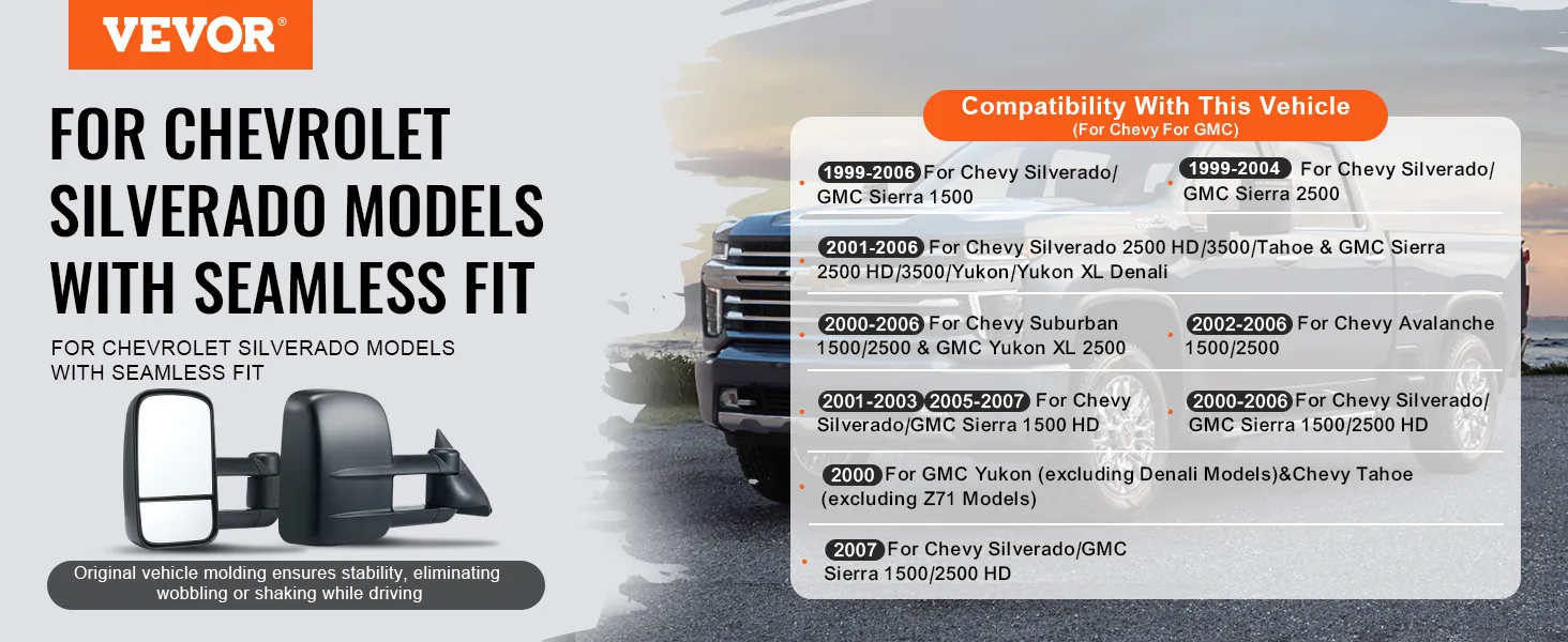 VEVOR towing mirrors for chevrolet silverado with a seamless fit, enhancing your vehicle's broader view.