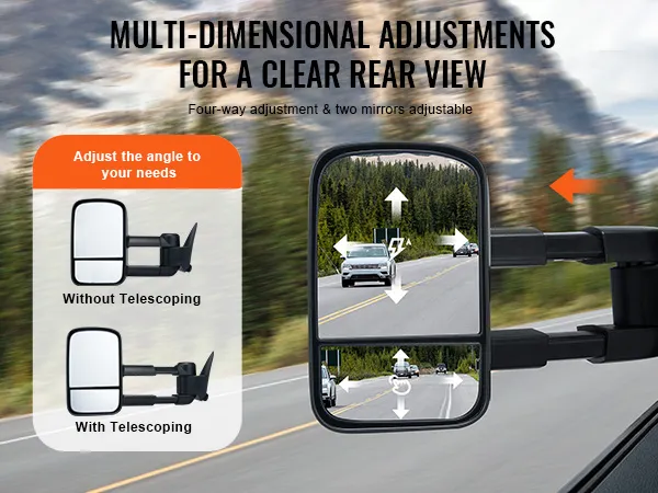 VEVOR towing mirrors silverado with four-way adjustments for a clear rear view driving on a scenic road.