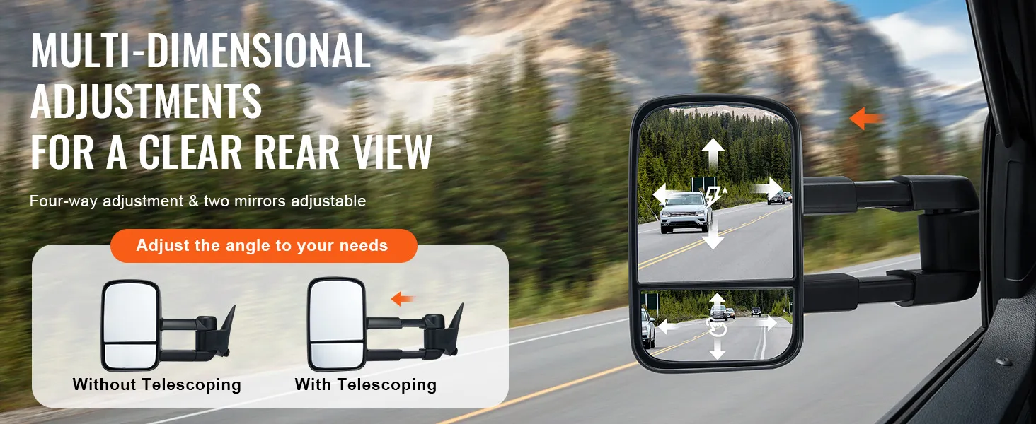 VEVOR towing mirrors silverado with four-way adjustments for a clear rear view driving on a scenic road.