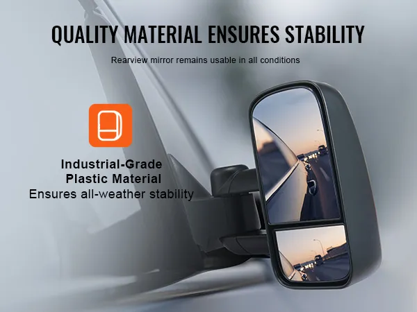 side view of VEVOR towing mirrors silverado reflecting a highway, promoting material stability.