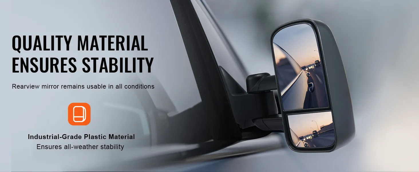 side view of VEVOR towing mirrors silverado reflecting a highway, promoting material stability.