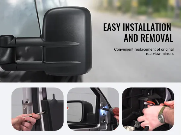VEVOR towing mirrors silverado easy installation with close-up of tools and hands at work.