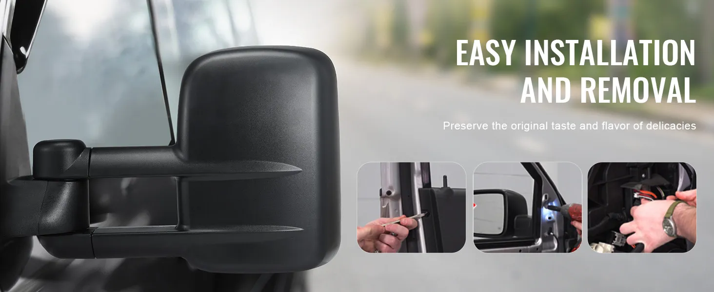 VEVOR towing mirrors silverado easy installation with close-up of tools and hands at work.