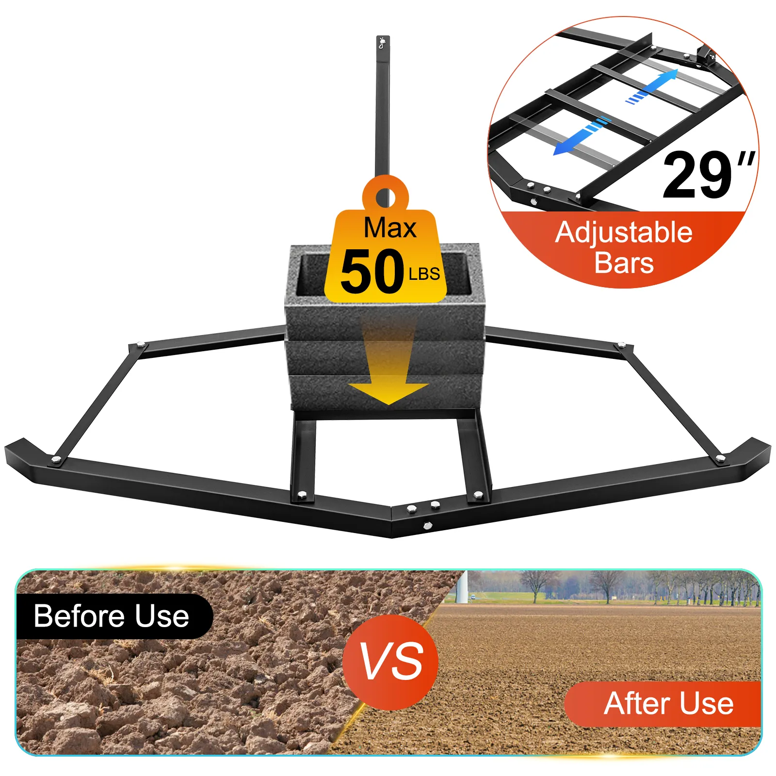 Arrastre de entrada VEVOR con barras ajustables, peso máximo 50 libras, comparación antes y después del uso en suelo.