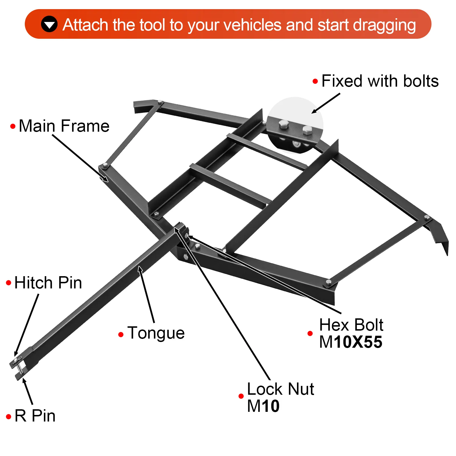 Componentes del sistema de arrastre de entrada VEVOR etiquetados: marco principal, lengüeta, pasador de enganche, pernos y contratuerca.