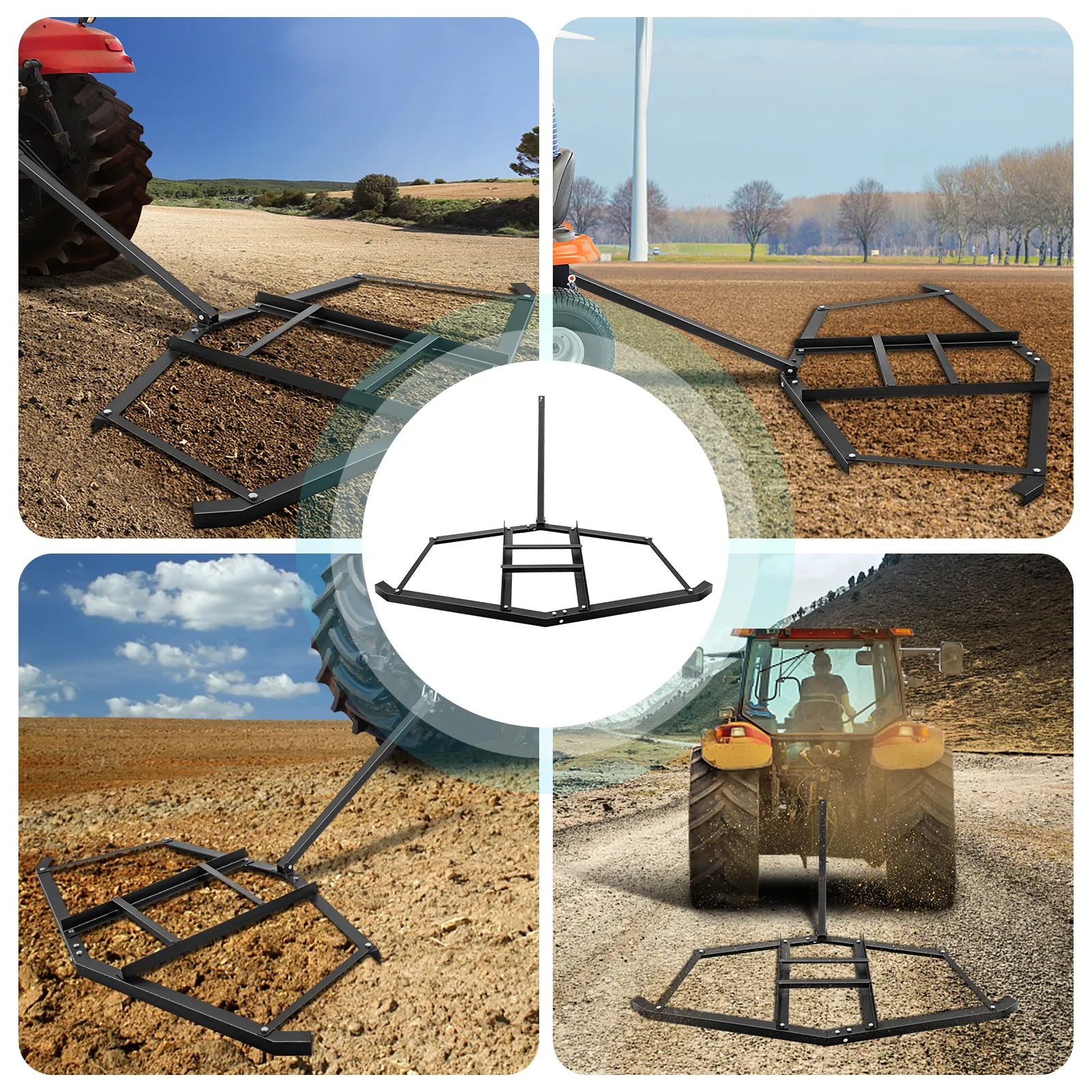 Arrastre de caminos VEVOR acoplado a tractores, alisando diversos caminos de tierra y grava.