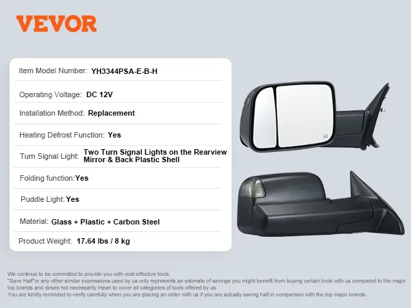 VEVOR towing mirrors for dodge ram with heating defrost, turn signal, folding, and puddle light.