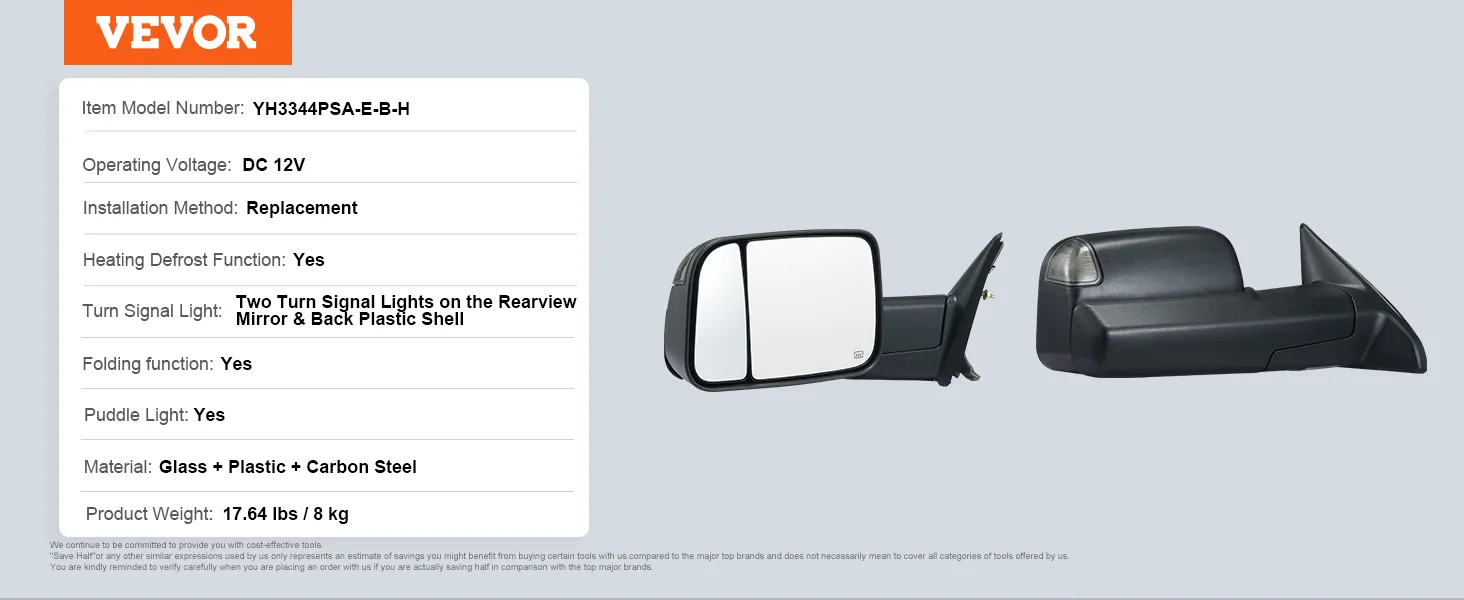 VEVOR towing mirrors for dodge ram with heating defrost, turn signal, folding, and puddle light.