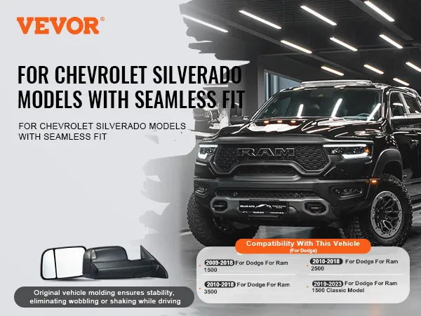 Los espejos de remolque VEVOR para Dodge Ram garantizan un ajuste perfecto y una visión más amplia para los modelos 2009-2023.