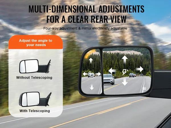 VEVOR towing mirrors for dodge ram with multi-dimensional adjustments for clear rear view, telescoping mirrors.