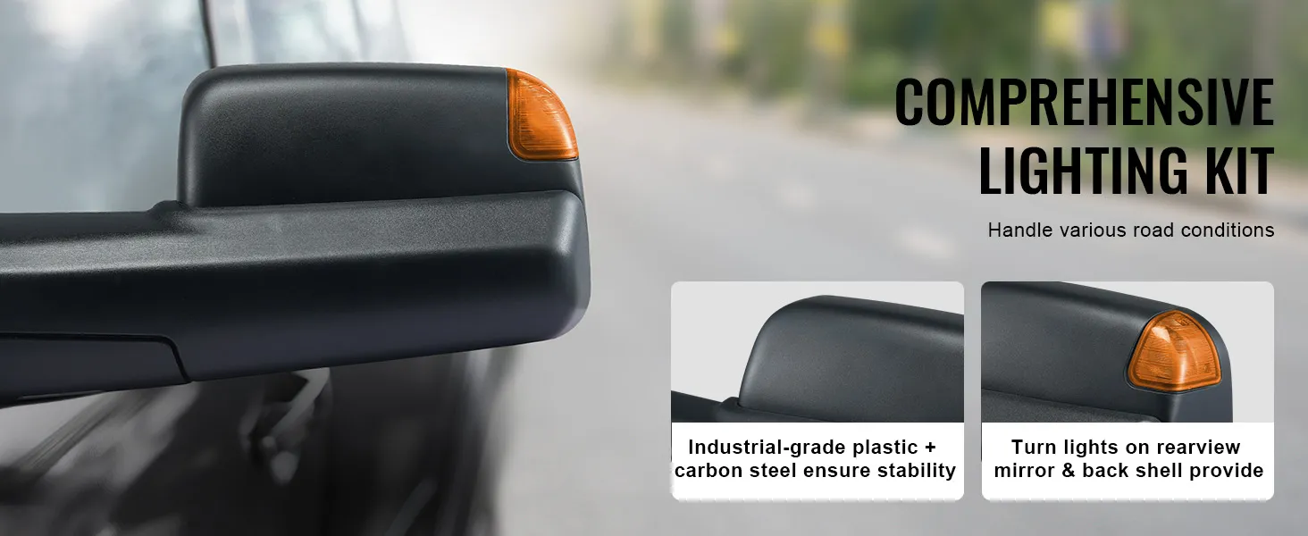 VEVOR towing mirrors for dodge ram with turn lights, durable plastic, and carbon steel for stability.