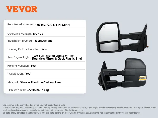 VEVOR towing mirrors ford f150 with turn signal lights, heating defrost, and folding function.