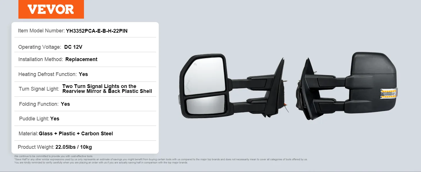 VEVOR towing mirrors ford f150 with turn signal lights, heating defrost, and folding function.