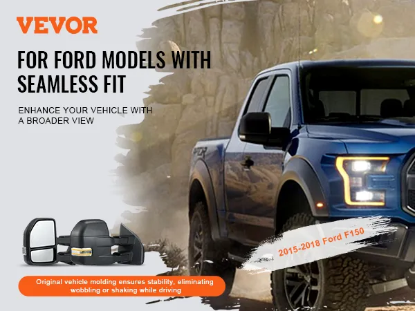 VEVOR towing mirrors for ford f150 showcased with a rugged blue fordf150 (2015-2018) in the desert.