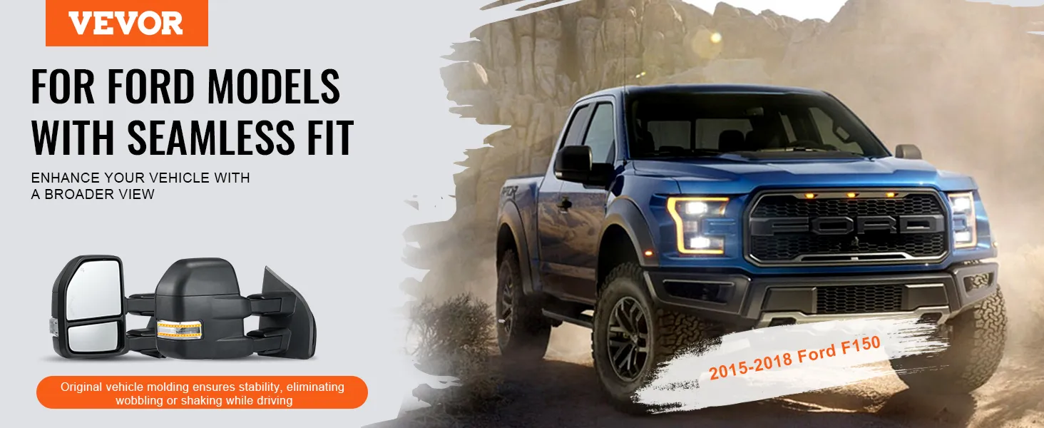 VEVOR towing mirrors for ford f150 showcased with a rugged blue fordf150 (2015-2018) in the desert.