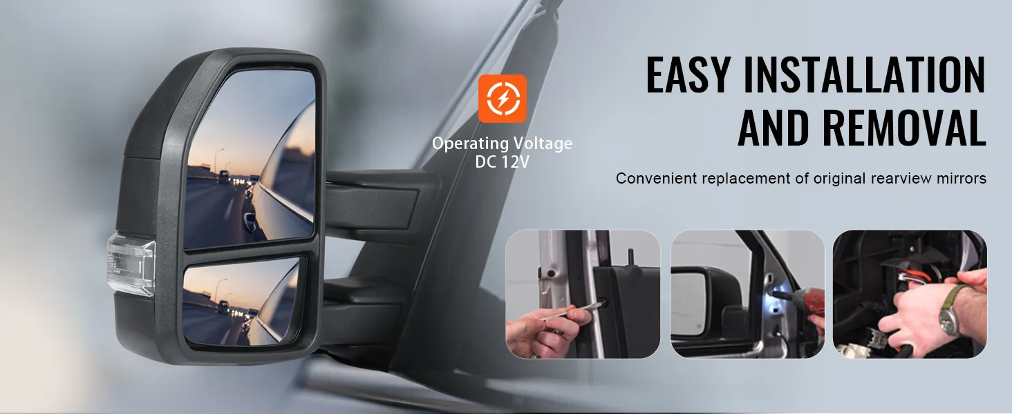 VEVOR towing mirrors ford f150 with easy installation and removal, 12v operating voltage.