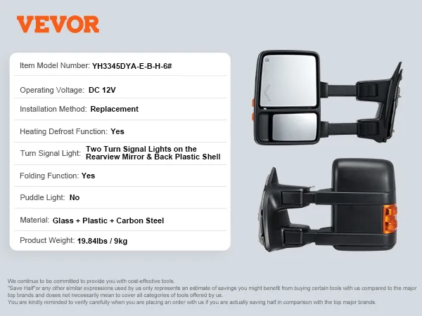 VEVOR towing mirrors for ford f250 f350 f450 f550 - heating, turn signals, and folding functions.