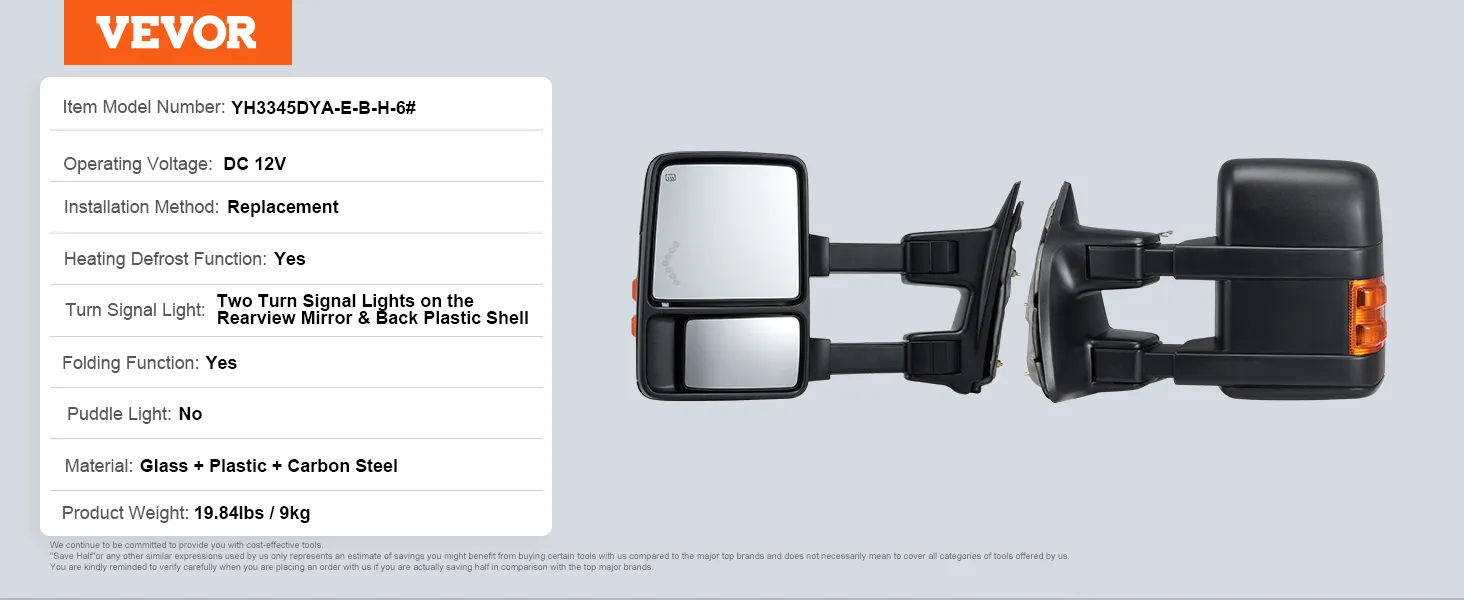 VEVOR towing mirrors for ford f250 f350 f450 f550 - heating, turn signals, and folding functions.