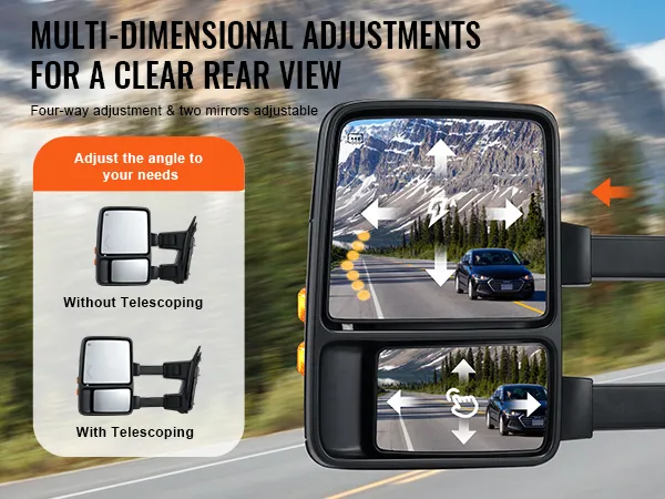 VEVOR towing mirrors for ford f250 f350 f450 f550 offer multi-dimensional adjustments for a clear rear view.