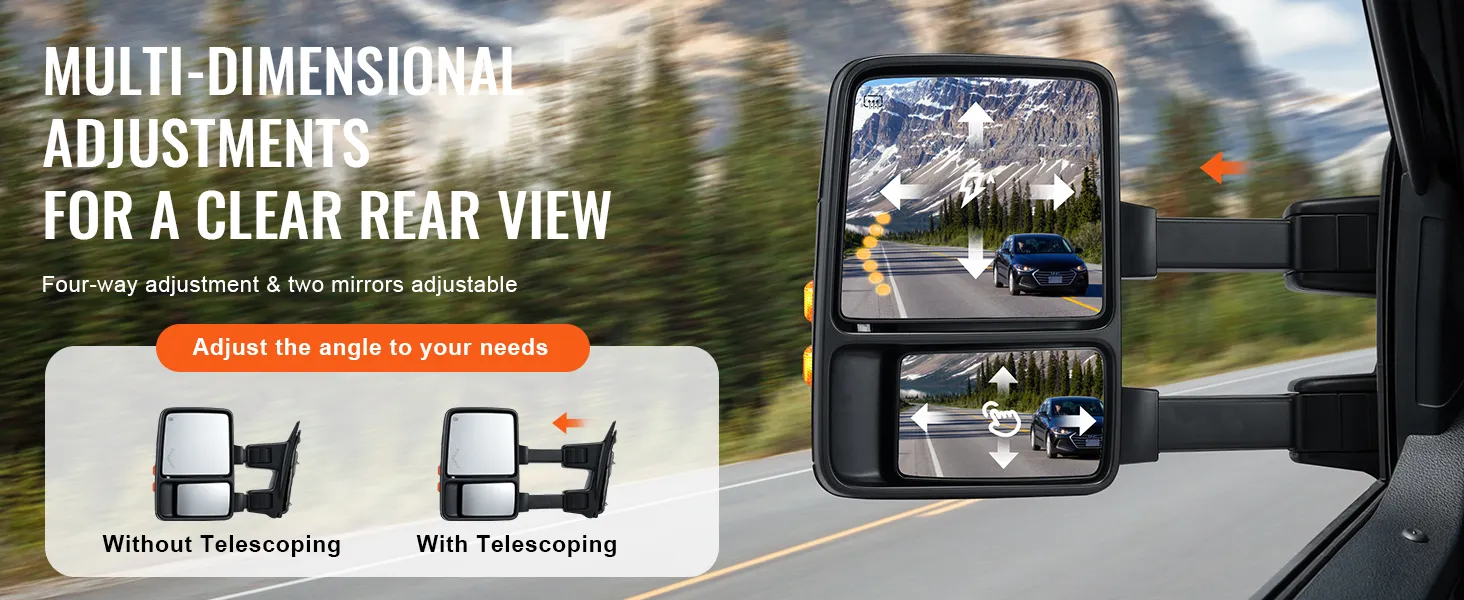 VEVOR towing mirrors for ford f250 f350 f450 f550 offer multi-dimensional adjustments for a clear rear view.