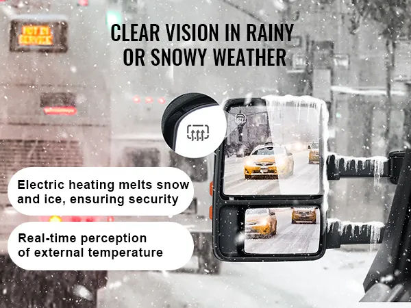 VEVOR towing mirrors for ford f250 f350 f450 f550 in snowy weather, electric heating ensures clear vision.