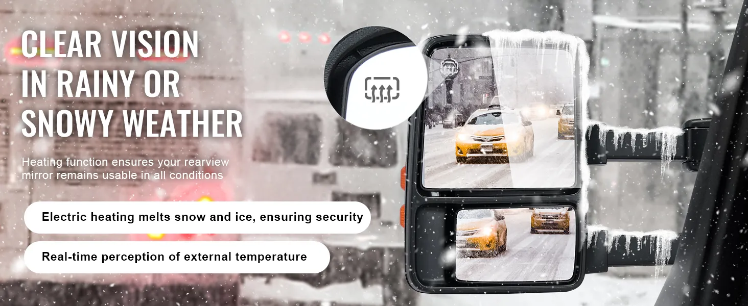 VEVOR towing mirrors for ford f250 f350 f450 f550 in snowy weather, electric heating ensures clear vision.