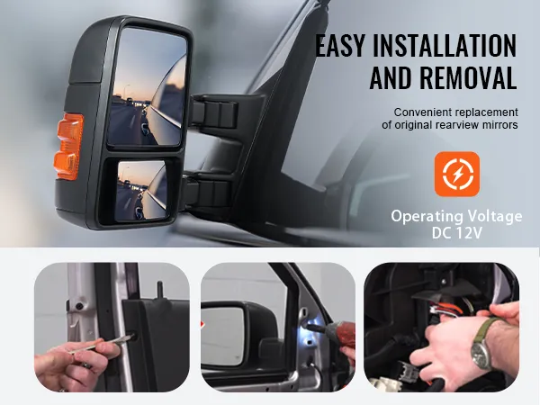 VEVOR towing mirrors for ford f250 f350 f450 f550, easy installation and removal, 12v operation.