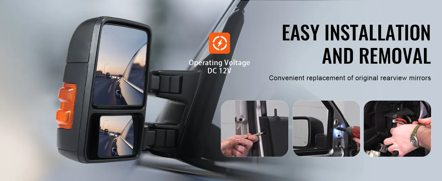 VEVOR towing mirrors for ford f250 f350 f450 f550, easy installation and removal, 12v operation.