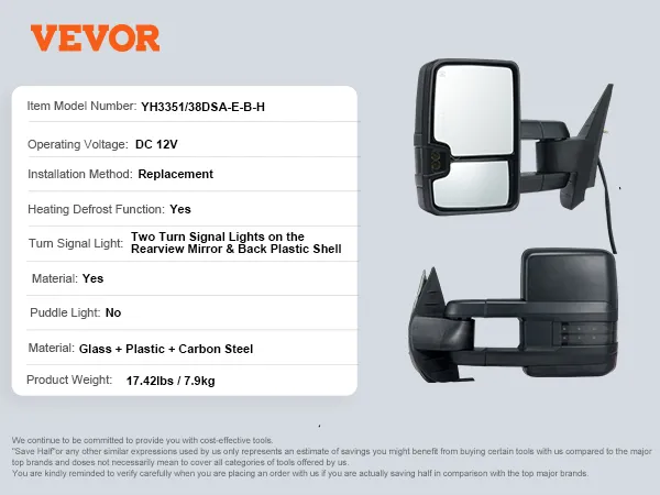 VEVOR towing mirrors for silverado with turn signal lights, folding function, and heating defrost.