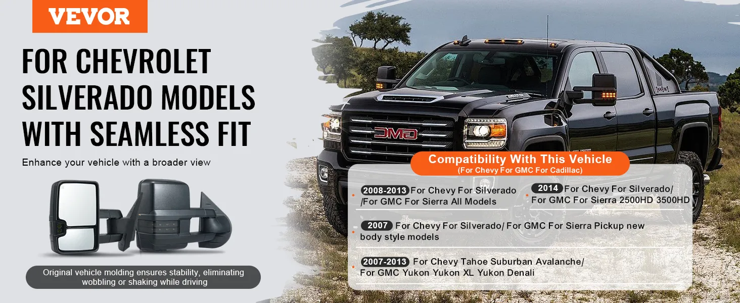 VEVOR towing mirrors silverado seamless fit for chevrolet silverado with broader view enhancement.