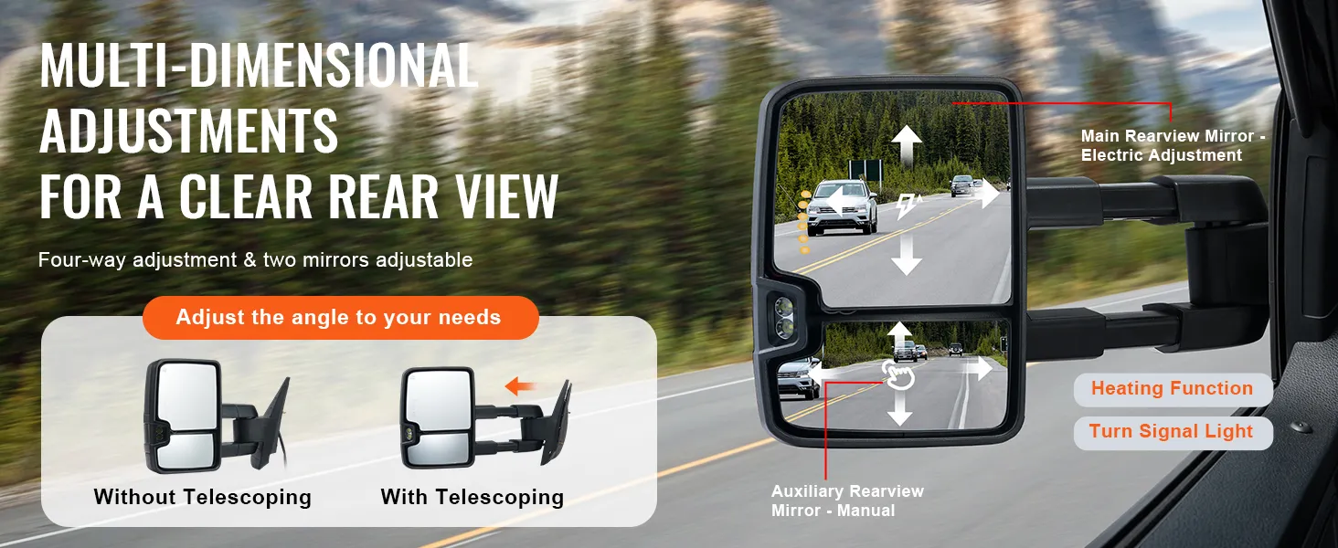 mevor towing mirrors silverado showcasing four-way adjustable mirrors with heating and turn signal functions.