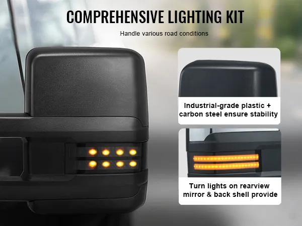 VEVOR towing mirrors silverado with turn lights, industrial-grade plastic, and carbon steel build.