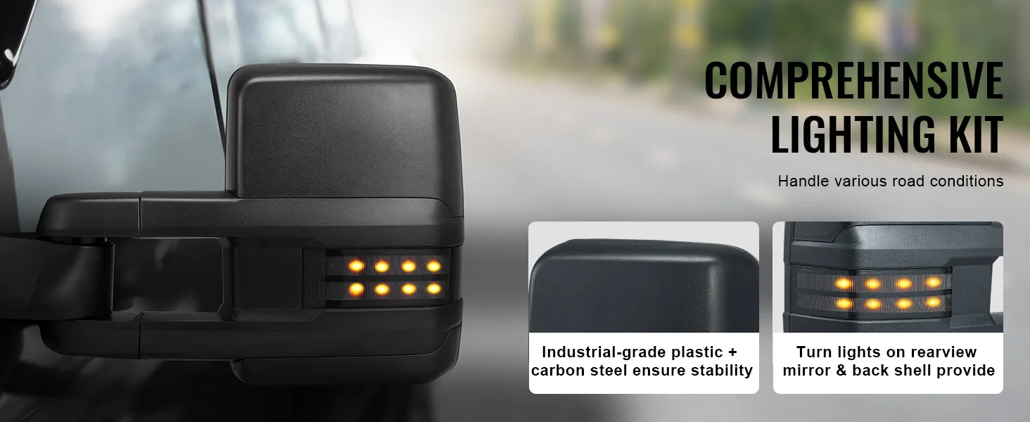 VEVOR towing mirrors silverado with turn lights, industrial-grade plastic, and carbon steel build.