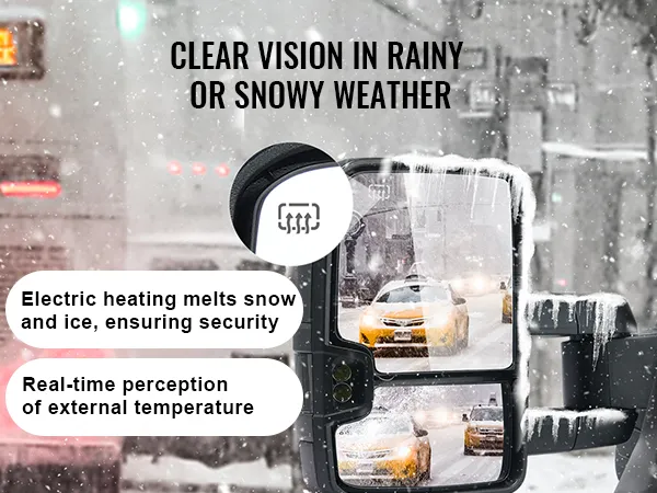 VEVOR towing mirrors silverado in winter, showcasing heated function for clear vision in snowy weather.