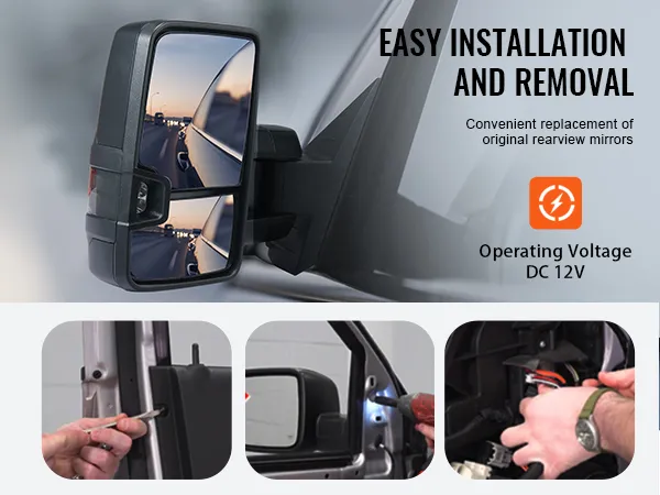 VEVOR towing mirrors silverado for easy installation, showing mirror view with highway and installation steps.