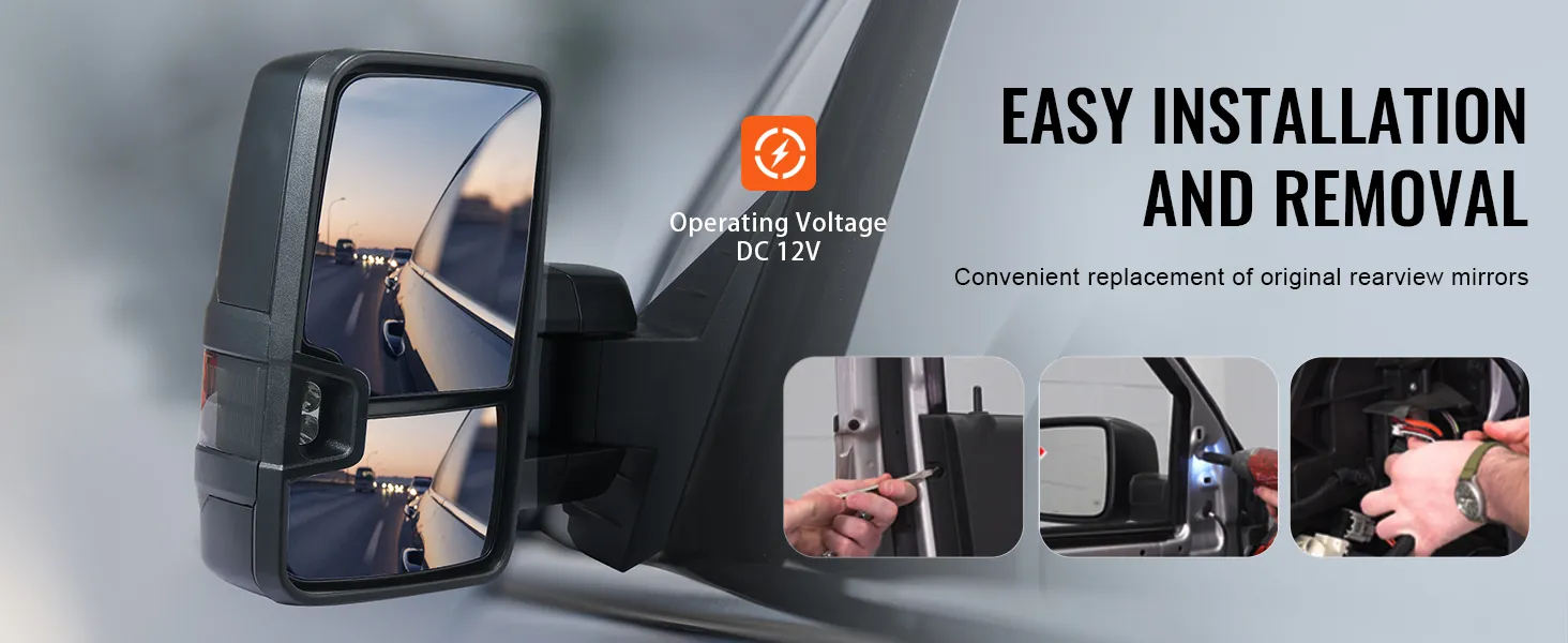 VEVOR towing mirrors silverado for easy installation, showing mirror view with highway and installation steps.