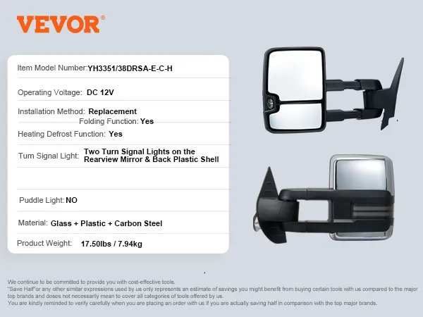 VEVOR sleepspiegels met richtingaanwijzers, 12V, verwarming/ontdooifunctie, inklapfunctie en frame van koolstofstaal.