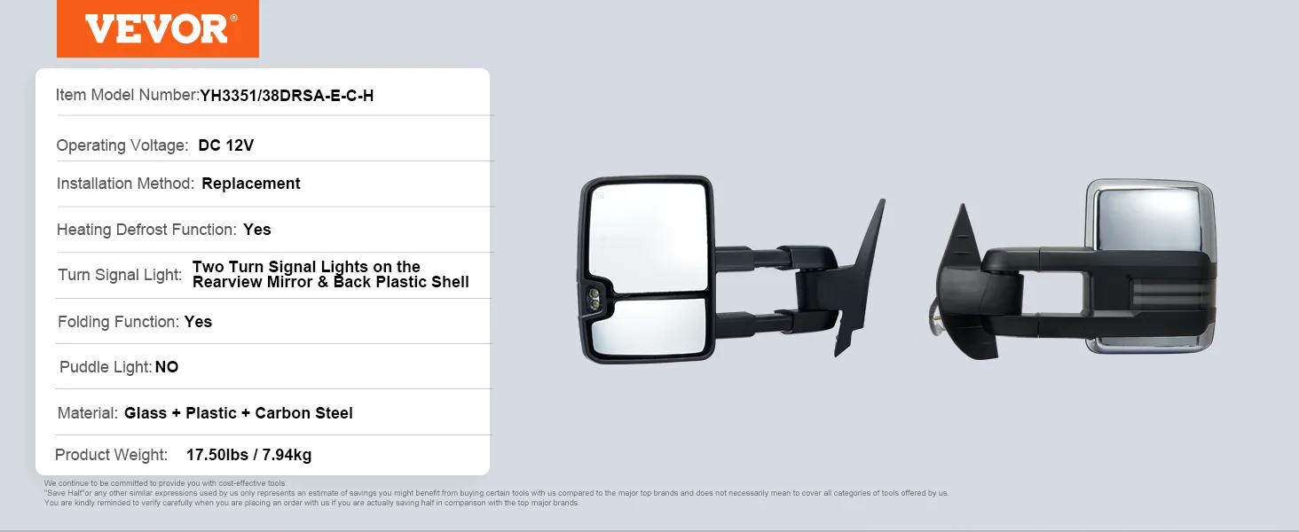 VEVOR sleepspiegels met richtingaanwijzers, 12V, verwarming/ontdooifunctie, inklapfunctie en frame van koolstofstaal.